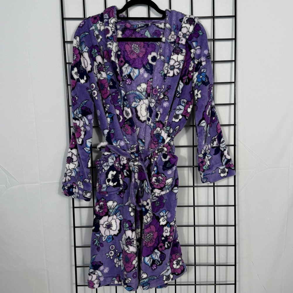 Vera Bradley Enchanted Garden Cozy Robe Womens S/M Purple Floral Hooded Travel‎